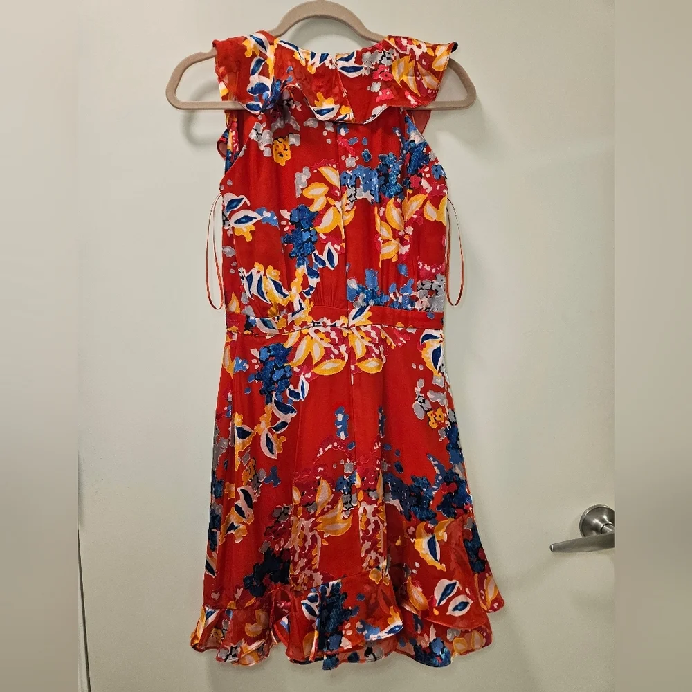 Saloni Cece Floral Print Ruffle Trim Dress in Coral  Size 4 - Picture 4 of 9